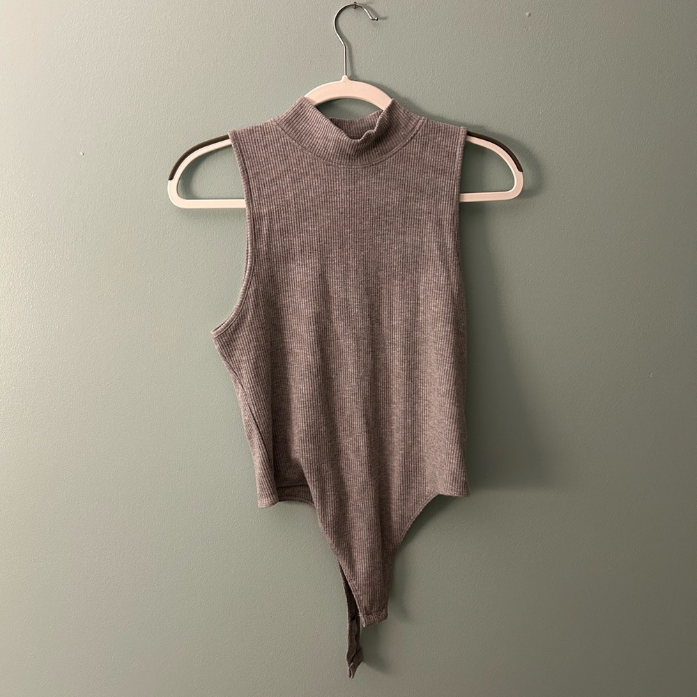 Aerie Gray Fitted Bodysuit with Collar